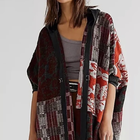 Free People Autumn Patchwork Poncho Cardi Hood Dolman Wine Gray Orange XS/S